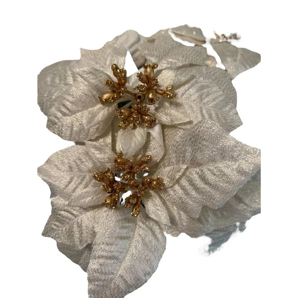 Faux White Gold Poinsettia Plant Floral Arrangement Glitter Bow New with Tags Be